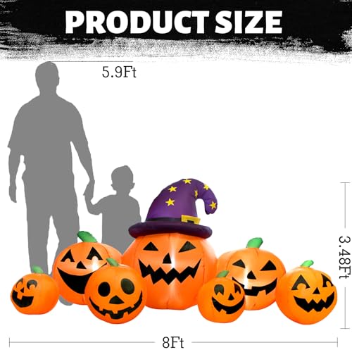 Round 8FT Halloween Inflatable Pumpkin with Witch Hat Yard Decor - Outdoor