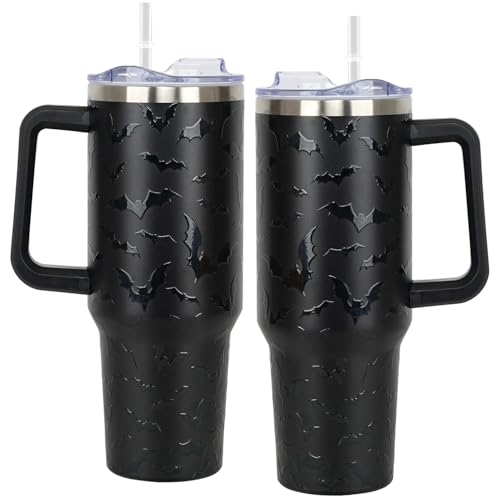 Halloween Bat 40oz Insulated Tumbler with Handle, Lid & Straw - Black Coffee Cup Gift
