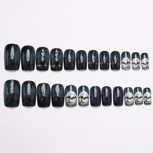 Halloween Press On Nails Black Castle Bat Design Short Square Fake Nails - Variation 2789