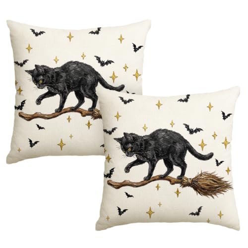 Halloween Black Cat Throw Pillow Cover Set of 2 18x18 Inches - Durable Polyester