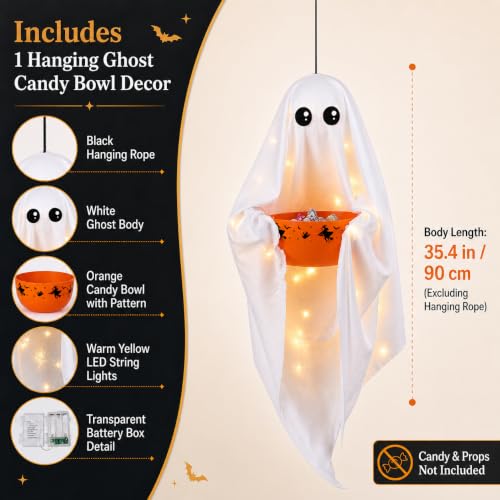 VZQI Halloween Ghost Candy Bowl White Hanging Candy Holder with 8 Light Modes