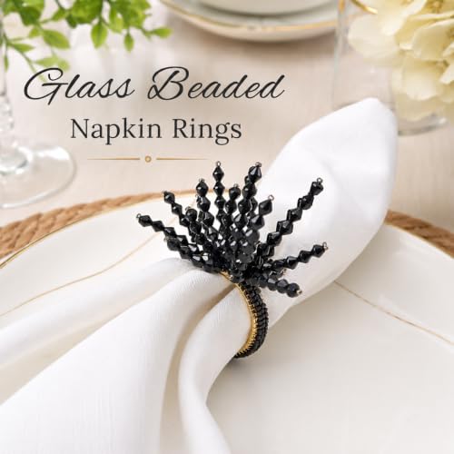 Beaded Napkin Rings Set of 12 - Black Glass and Metal Dining Accessories