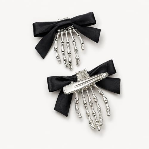 Skeleton Hand Hair Clips with Bowknot - Gothic Halloween Hair Accessories