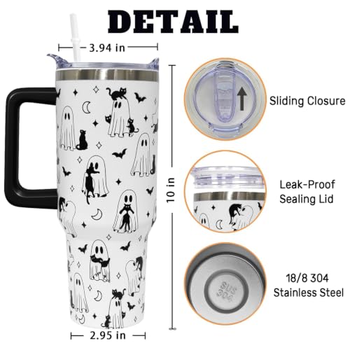 Halloween Ghost Cat Tumbler with Handle 40oz Insulated Water Bottle - Spooky Gift
