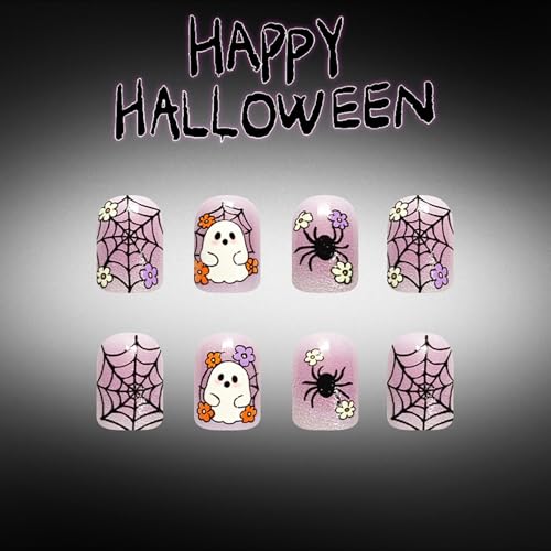 Halloween Fake Nails Short Square Press-On Nails - Light Purple, 24pcs - Variation Halloween-Designs1