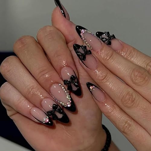Press On Almond Nails - Fake Full Cover Black Bow Tips, Medium, 15 Piece Variation