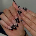 Press On Almond Nails - Fake Full Cover Black Bow Tips, Medium, 15 Piece Variation