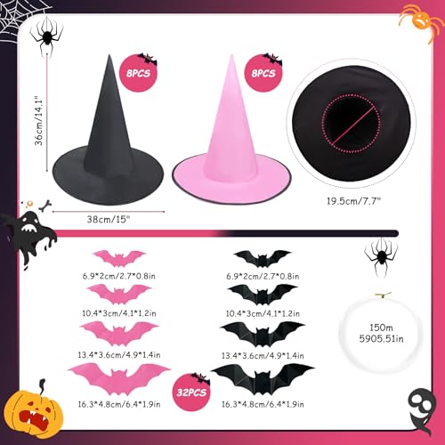 Halloween Hanging Witch Hats Set with Bat Wall Decor & Rope - Spooky Indoor Outdoor Party Decorations