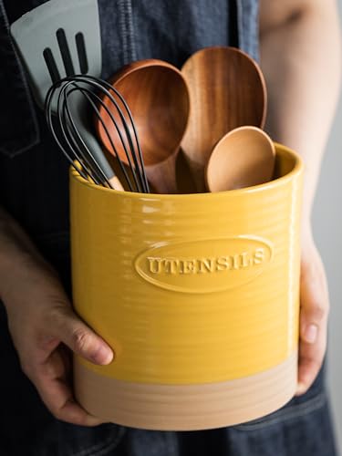 Ceramic Kitchen Utensil Holder with Yellow & Clay Finish - 6.7 Inches, Organize Countertop
