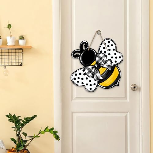 Deroro Bumble Bee Front Door Sign - Spring Summer Polka Dot Farmhouse Wood - Bee Variation
