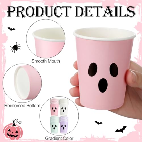 Pastel Halloween Ghost Face Paper Cups - 100 Disposable Party Drinkware with Variation Ghost Face