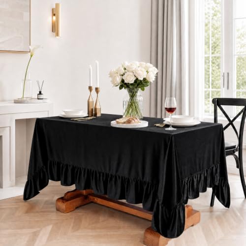 Rectangular Velvet Tablecloth 60x120 Inches - Black, Ruffled, Elegant Party Decor