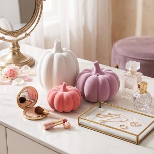 Pink and White Velvet Pumpkin Decor Set - 3 Pcs, Fall Home Accent with Resin Variations
