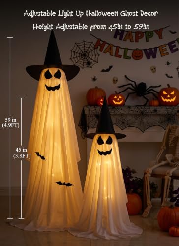 Minetom 2 Pack 5 FT Halloween Ghost Decorations Light Up Ghosts with Tripods & Remote - Veil-Witch Hat / 59in