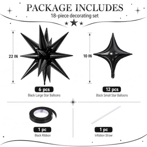 Black Star Balloons Set - 18 Pcs Foil Star Decorations for Birthday Graduation