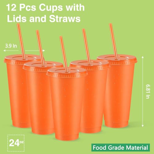 Reusable Glitter Cup with Lid and Straw - Fluorescent Orange, 24 oz, Set of 12