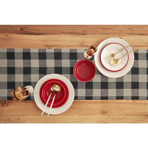 Linen Table Runner 14x90 in Natural Black Check - Handcrafted, Machine Washable