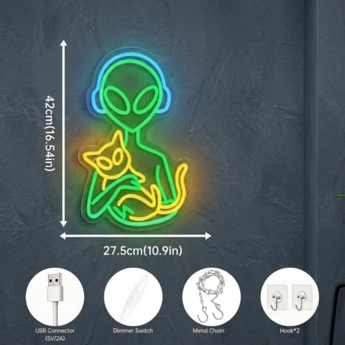 Alien Cat Neon Sign - Dimmable USB Wall Light for Bedroom Gaming Room Decor