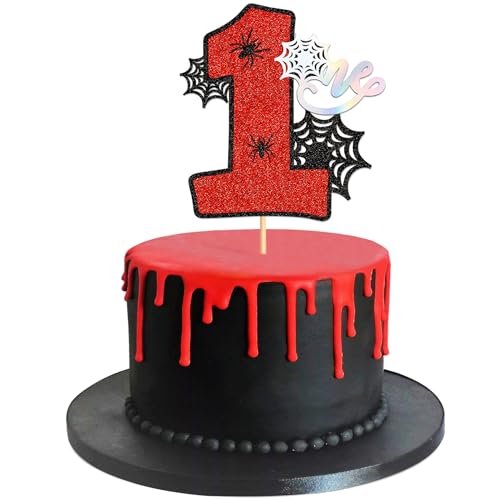 First 1 Number Cake Topper - Spider Web Birthday Party Decoration - Variation: One Red-9