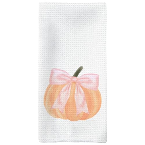 Pink Bowknot Fall Kitchen Hand Towels - Pumpkin Autumn Dishcloths - 16x24in - Pink-1