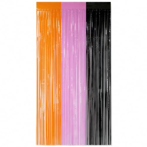Halloween Tinsel Fringe Curtain Backdrop Decorations - Orange, Purple & Black, Reusable Party Decor