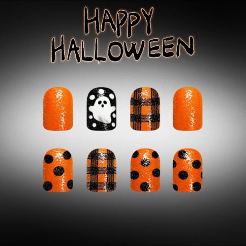 Halloween Short Square Press-On Nails with Orange Plaid & Ghost Design - Variation Hall16