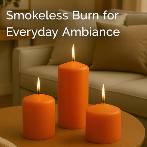 Orange Unscented Pillar Candles - 3x6 Inches, Pack of 6, Long-Lasting 55 Hour Burn