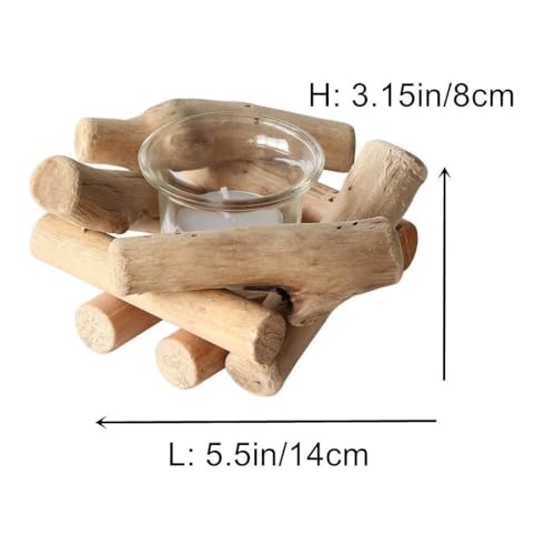 Wooden Tea Light Candle Holder Set with Glass Cups - Rustic Coastal Style, Pack of 3