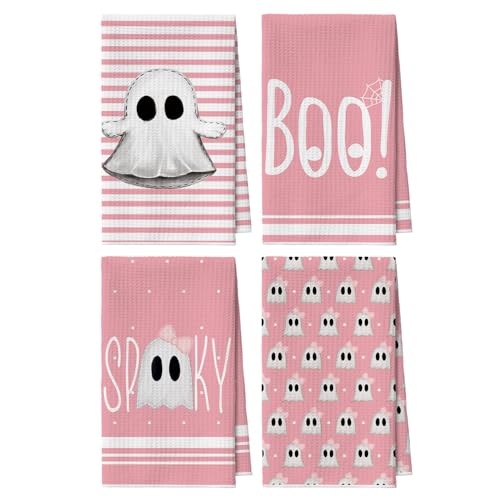 Pink Ghost Halloween Kitchen Towels Set of 4 - 18x26 Microfiber Dish Towels, Quick Dry