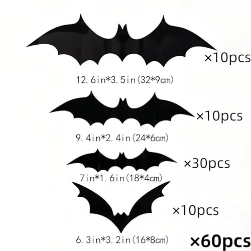 Partyreal 60Pcs Halloween Bat Wall Decals - 4 Sizes, Reusable PVC Indoor Decor