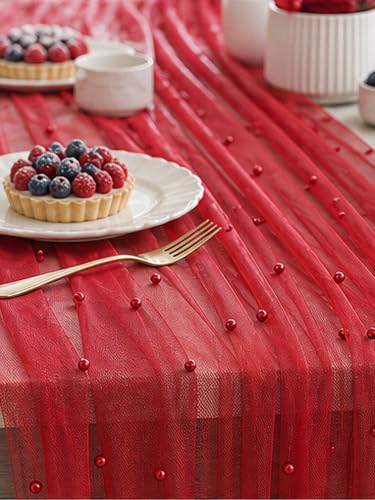 Burgundy Pearl Gauze Table Runner 120 Inch 6pcs - Wedding & Party Decor