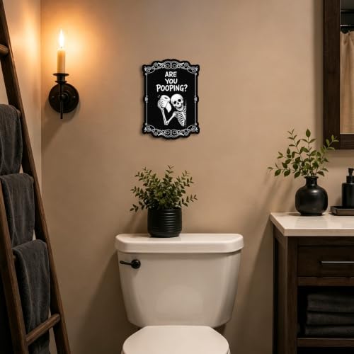 Funny Halloween Skeleton Bathroom Sign - Are You Pooping - Black Gothic Wall Decor