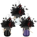 Halloween Mason Jar Decor Set with Artificial Black and Red Flowers - Centerpieces for Home and Party