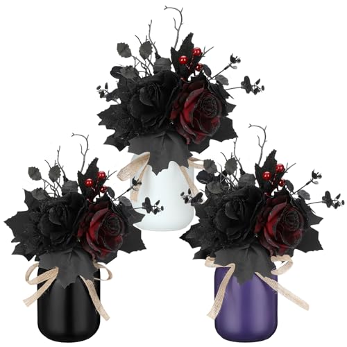 Halloween Mason Jar Decor Set with Artificial Black and Red Flowers - Centerpieces for Home and Party