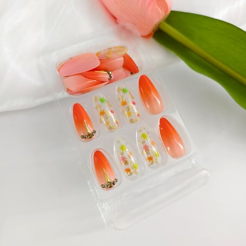 Autumn Maple Leaf Press On Nails Set - Fall Gel Nails with Gradient French & Leaf Designs