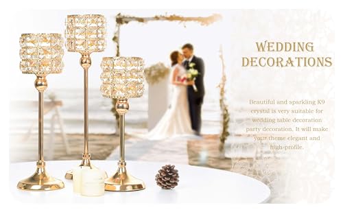 Gold Crystal Candle Holder Set of 3 Wedding Table Centerpieces - Elegant Tealight Holders