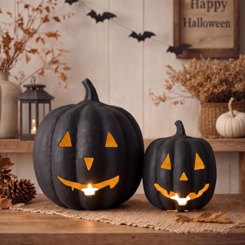 Halloween Paper Mache Jack O'Lantern Set - Black, 2 Indoor Pumpkins with LED Lights