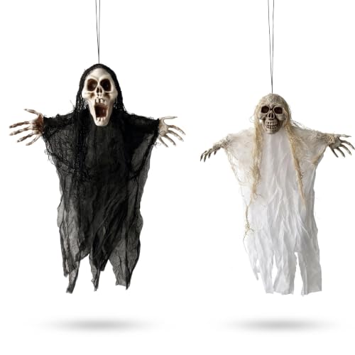 Halloween Hanging Ghost Decorations - 2 Pack, 17.7 Inch Skeleton Ghosts with Tattered Gauze & Bendable Arms for Yard Porch Haunted House