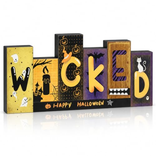Wicked Halloween Wooden Sign - Ghost Pumpkin Bat Decor Indoor Tabletop