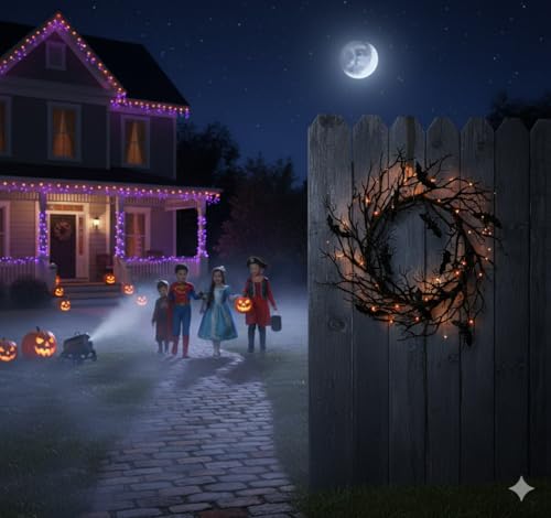 Black Bat Wreath with LED Lights - 26 Inch Halloween Door Decor
