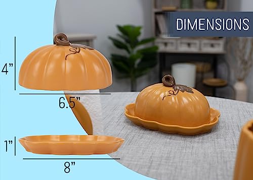 Pumpkin Shaped Ceramic Butter Dish with Lid - Fall & Thanksgiving Decor - Orange - 8x6 Inches