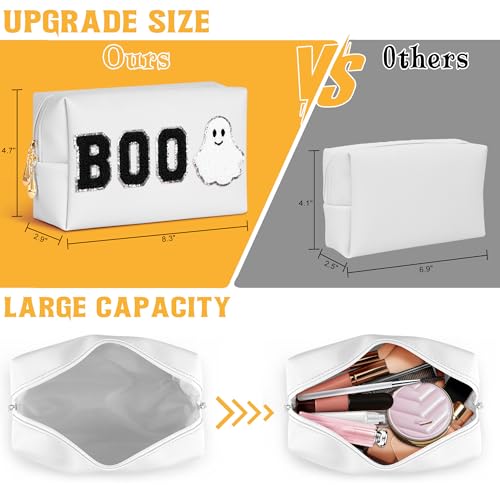 White Halloween Makeup Bag - Cosmetic Travel Pouch with Chenille Letter Design