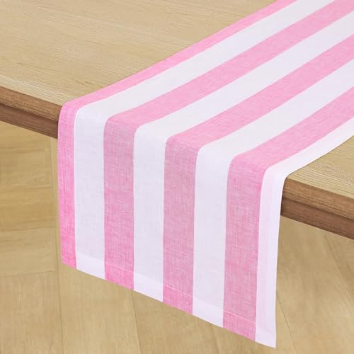 Pure Linen Table Runner 14x36 Inches Pink & White Stripe - Handcrafted, Machine Washable