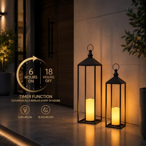 Decorkey 23'' & 19'' Black LED Candle Lantern Set with Timer - Indoor & Outdoor Decor