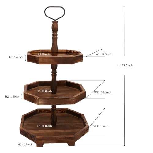 Wooden 3-Tier Rustic Black Serving Tray Farmhouse Cupcake Stand & Kitchen Organizer