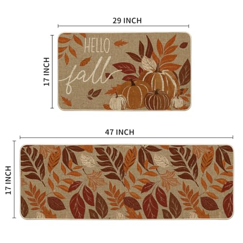 Vintage Pumpkin Fall Kitchen Mats Set of 2 - 17x29 & 17x47 Orange