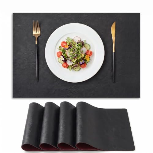 Black Faux Leather Placemats Set of 4 - 12 x 18 Inches Rectangular, Reversible & Waterproof