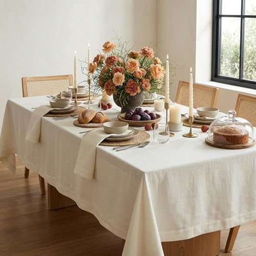 Ivory Linen Tablecloth 60 x 144 Inches - Handcrafted European Flax for Dining