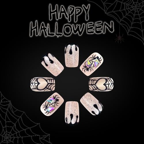 Halloween Press On Nails Short Square Glitter Web Spider Fake Nails WS07 - Reusable Nail Art for Women Party