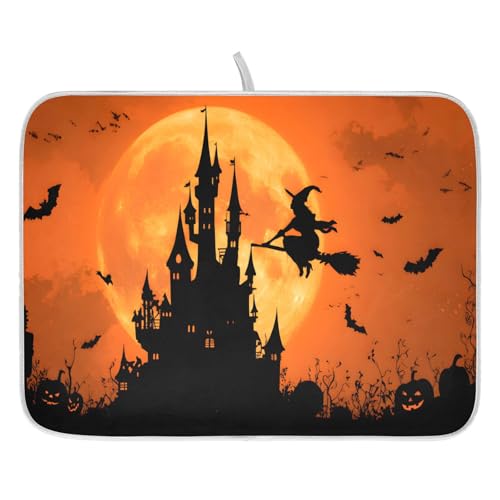 Halloween Witch Castle Dish Drying Mat - Microfiber Absorbent Kitchen Counter Pad 18x24 Inches Variation of THIS listing